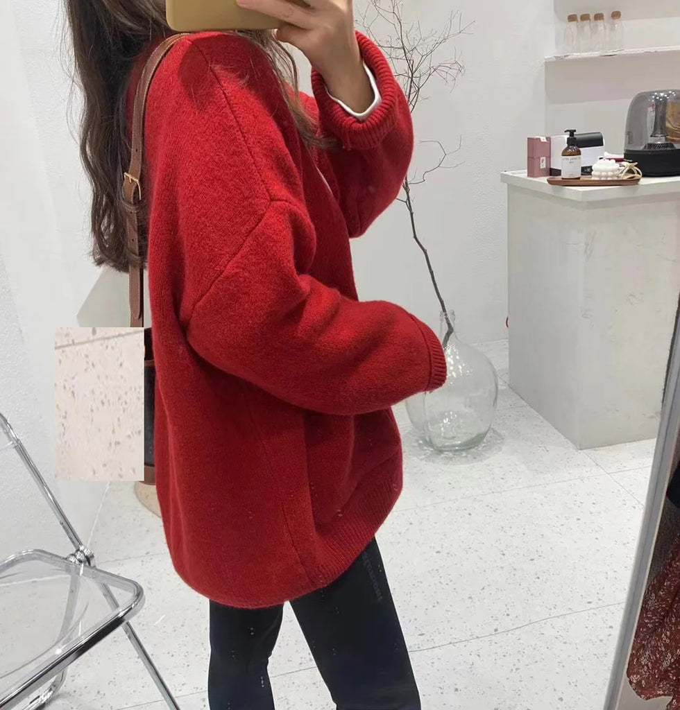 OHRYIYIE 2023 Autumn Winter New Knit Female Oversize Cardigan Women Loose Casual V Neck Knitted Sweater Coat Lady Solid Cardigan