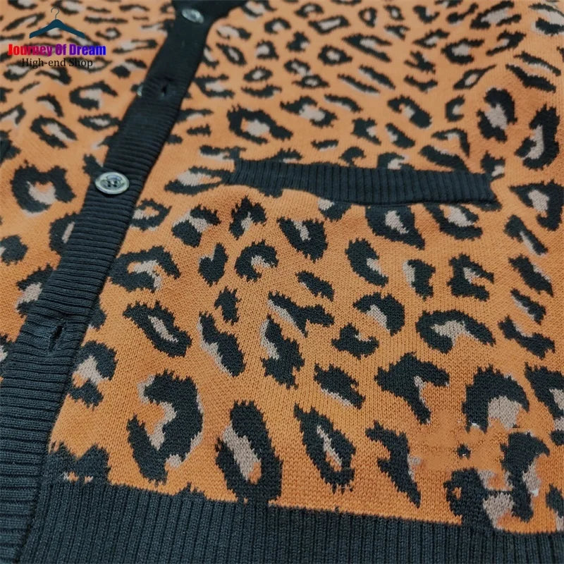 Trend High Street Leopard Print Cotton V-Neck Knit Cardigan Men's Women's Best Quality Casual Sweater