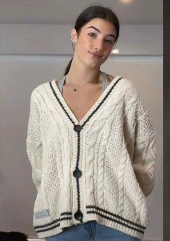 Deeptown Vintage Beige Swift Knit Cardigan Women Y2K College Oversize Star Embroidery Sweater Folklore Knitted Jumper Korean
