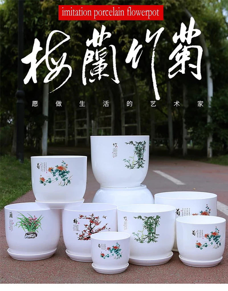 1PC With Tray Imitation Ceramic White Printed Pattern PP Resin Indoor Potted Plastic Flower Pot