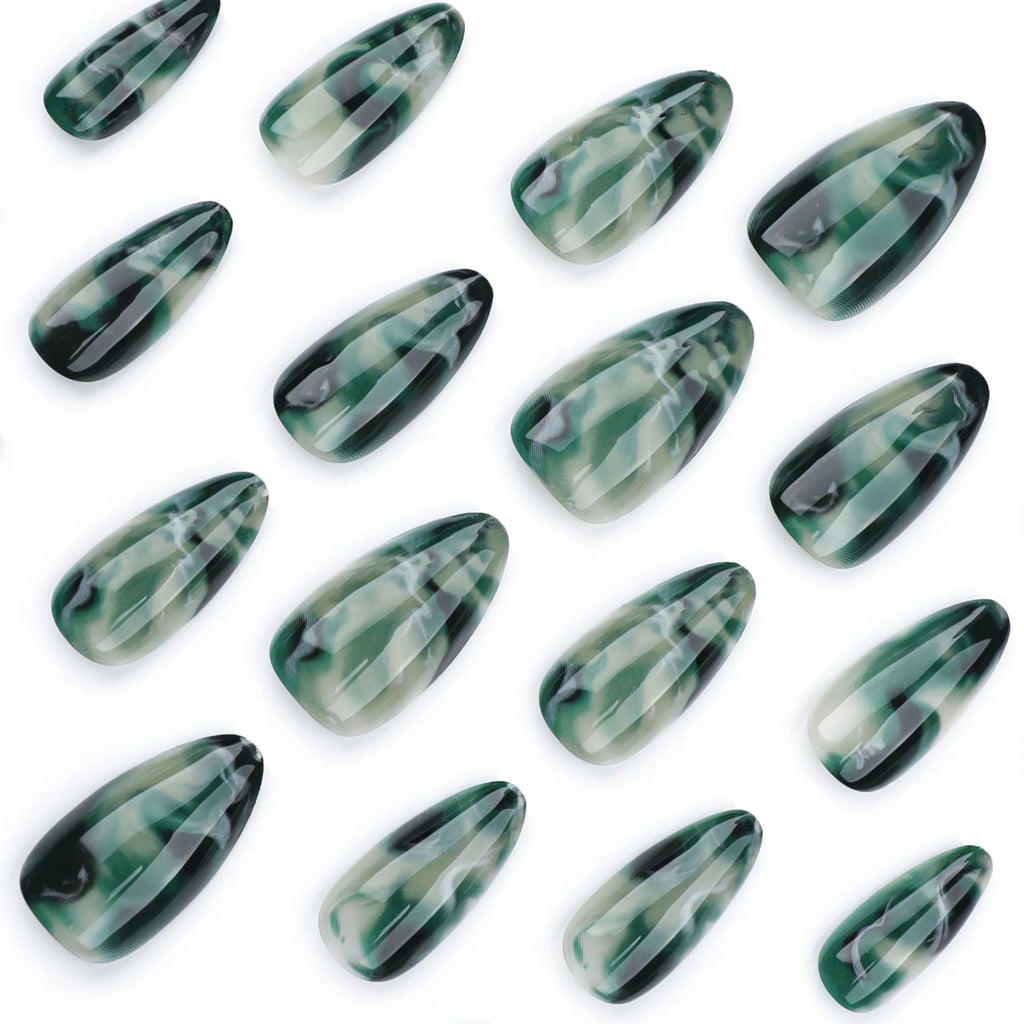 Dark Green Halo Dyeing Almond Nail Art Chinese Style False Nails Fashion Detachable Finished Fake Nails Press on Nails with Glue