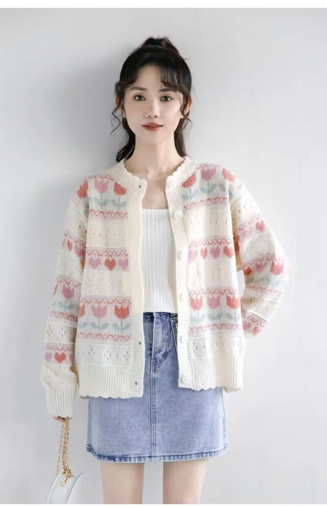 Women Autumn Sweet Kawaii Loose Hollow Out O-neck Long Sleeve Knitting Cardigan Coat Ladies Preppy Style All-match Knitwear