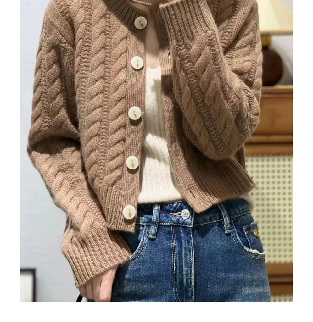 Women's Pure Cashmere Wool Sweater Round Neck Twists Short Cardigan Autumn Winter Casual Knit Top Female Thickened Warm Jacket