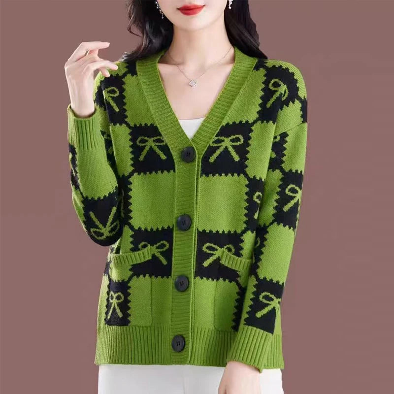 Women's Korean Fashion Geometric Bow Jacquard Button Knitted Cardigan Vintage Elegant Chic V Neck Long Sleeve Loose Sweater Coat