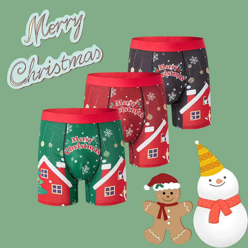 1/3PC Christmas Underwear Print Breathable Mens Gingerbread Man Casual Sports Boxers Four Corner Shorts Christmas Gifts