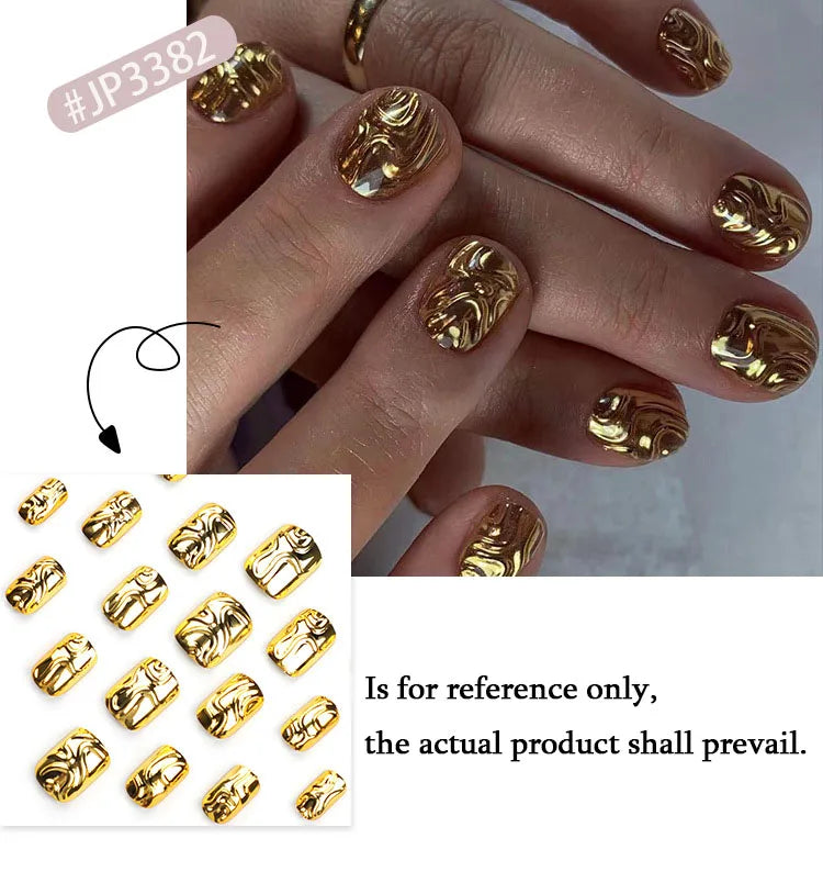 Gold 3D Water Ripple Sparkling Nail Art Fashion Glossy Short Fake Nails Detachable Finished False Nails Press on Nails with Glue