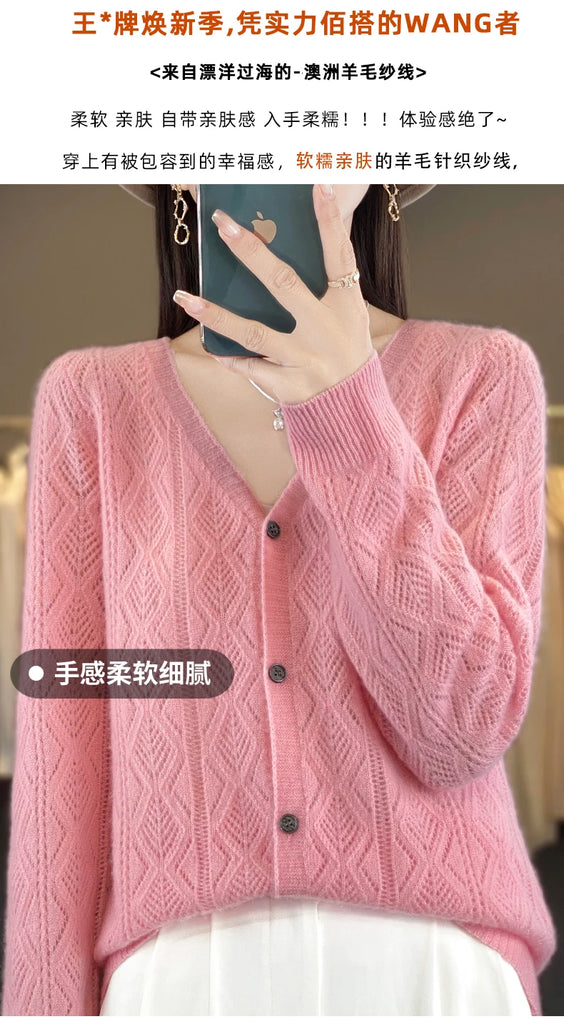 Women's V-Neck Spring and Autumn 100% Wool Cashmere Cardigan Women's Knit Sweater Super Soft Loose Large Size Long Sleeve Shirt