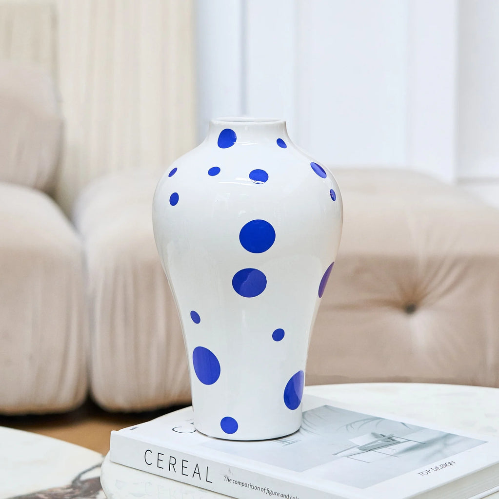 Ceramic Vase Blue Geometric Quilted Pattern Polka Dots Flower Arrangement Accessories Ceramic Crafts Home Decoration