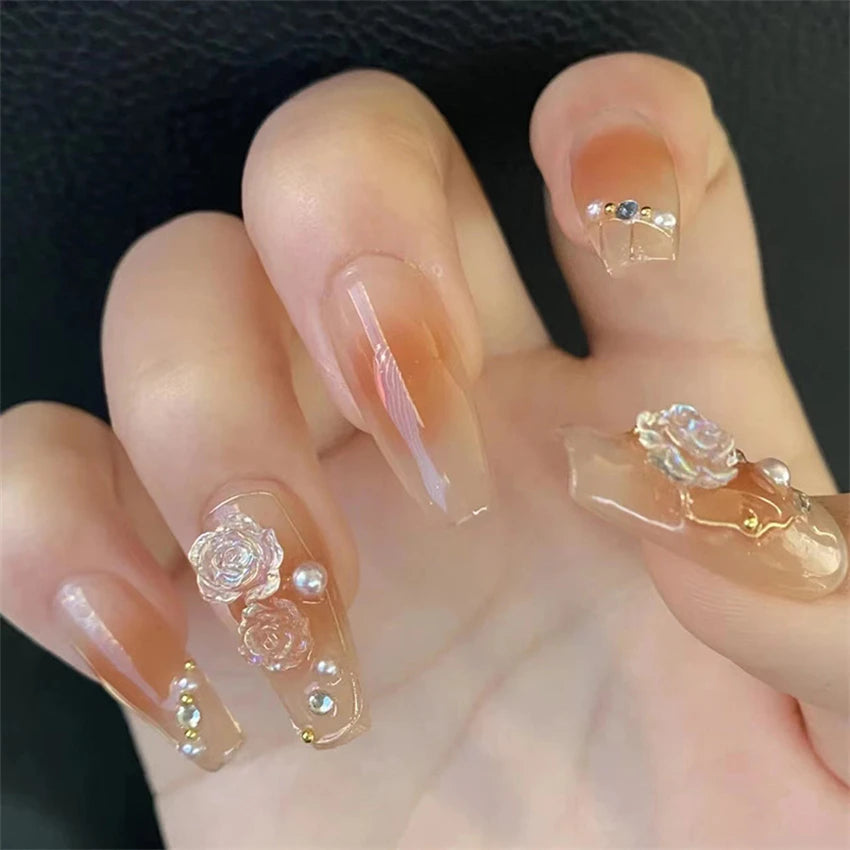 24Ps/Set Medium Long French Fake Nails Bow Japan Nude Pink with Pearls Artificial Acrylic Press on Nails Removable Stick on Nail