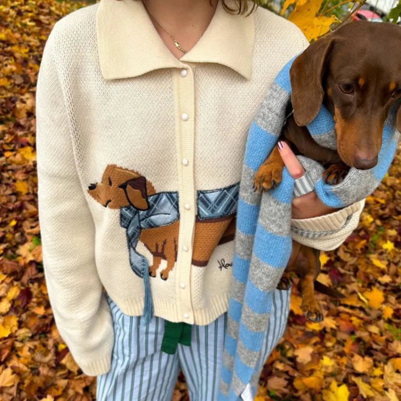 Chic Puppy Pattern Knit Cardigan Long Sleeve V Neck Print Sweater Coat Animal Pattern Female Coat 2024 Autumn Lady Outerwear