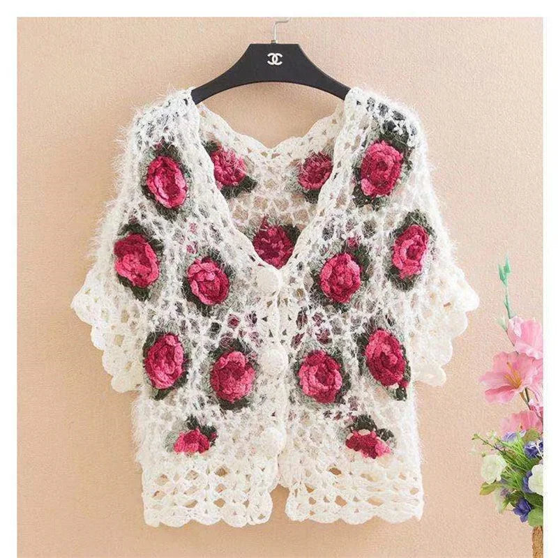 Three-Dimensional Flower Openwork Crocheted Sweater Cardigan Women's Spring And Autumn New Heavy Industry Joker Sweater 3XL Coat