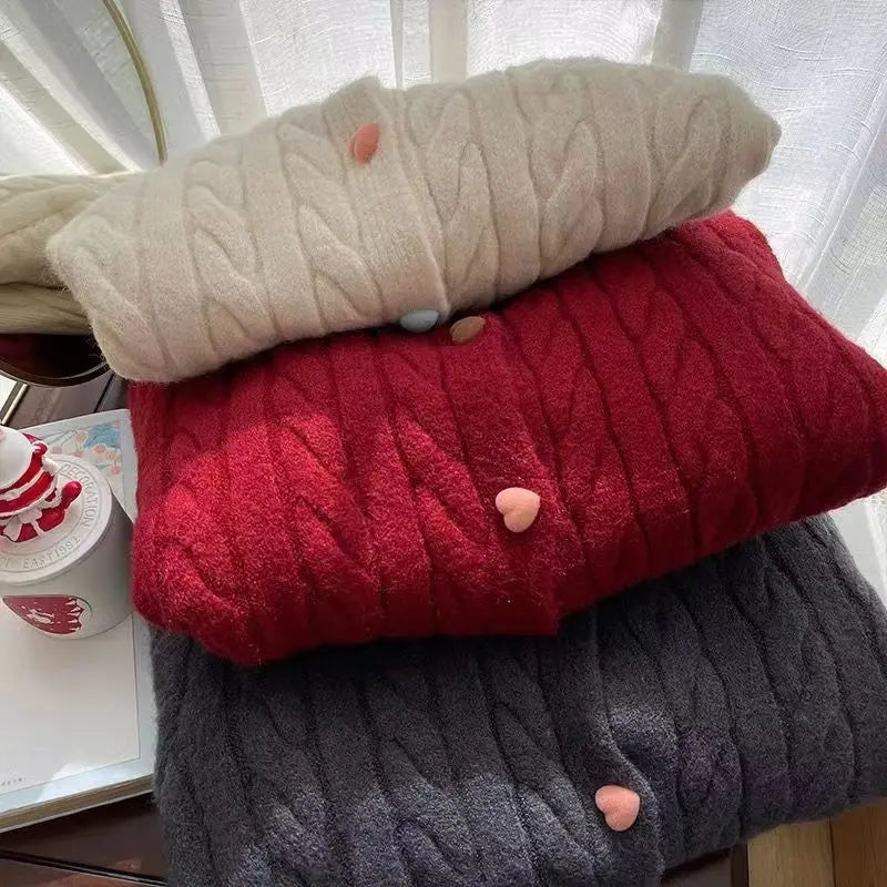 New Korean Style Western-style Sweet Color Love Button Versatile Soft Waxy Knitting Cardigan Fashion Fried Dough Twists Sweater