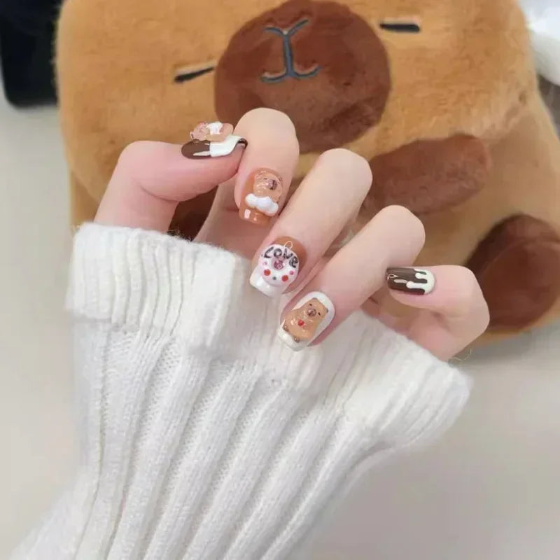 10pcs/set Cartoon Capybara Bear Autumn-Winter False Nails Cute Short Handmade Press-On Nails Set for Women and Girls Dropship