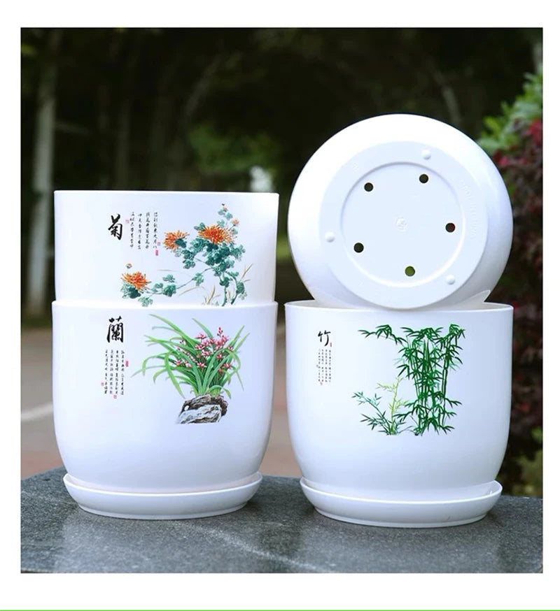 1PC With Tray Imitation Ceramic White Printed Pattern PP Resin Indoor Potted Plastic Flower Pot