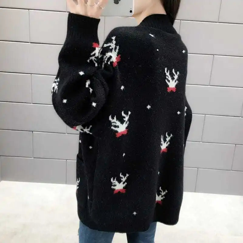 Spring Autumn Winter Oversized Sweater Coat Women Clothes Loose Mid Length Top Printing Knitting Cardigan Warm Top Tee Women's