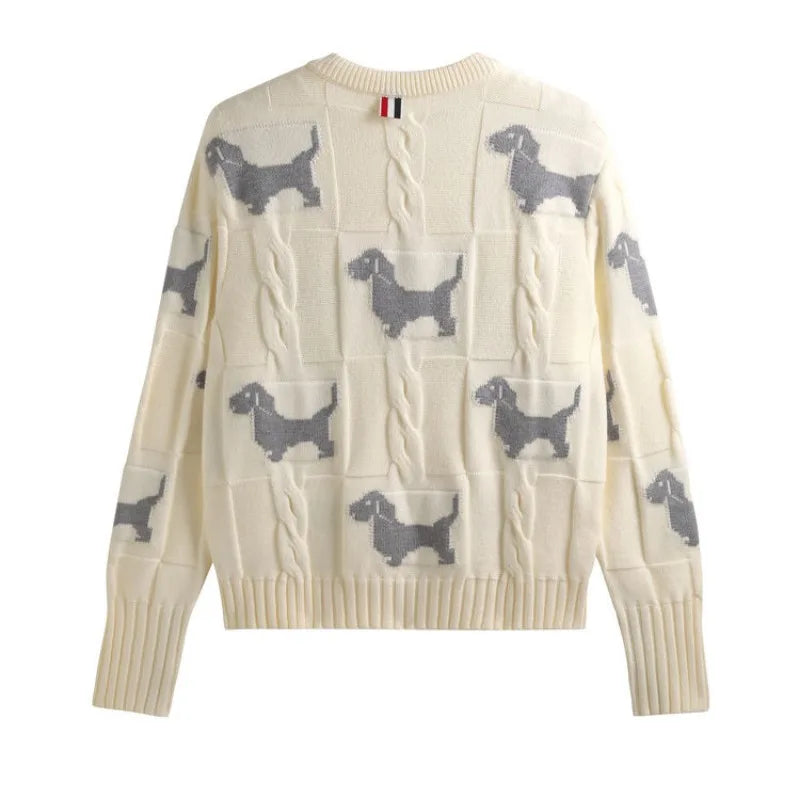 Women's New Dog Print Knitted Cardigan Oversized Loose Long-sleeved Crew Neck Knitted Jacket Simple Commuter Sweater