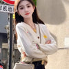 Autumn Winter Fashion Cartoon Embroidery Thick Wool Knitted Cardigan Women's Clothing Casual Loose V-neck Commute Lazy Sweaters