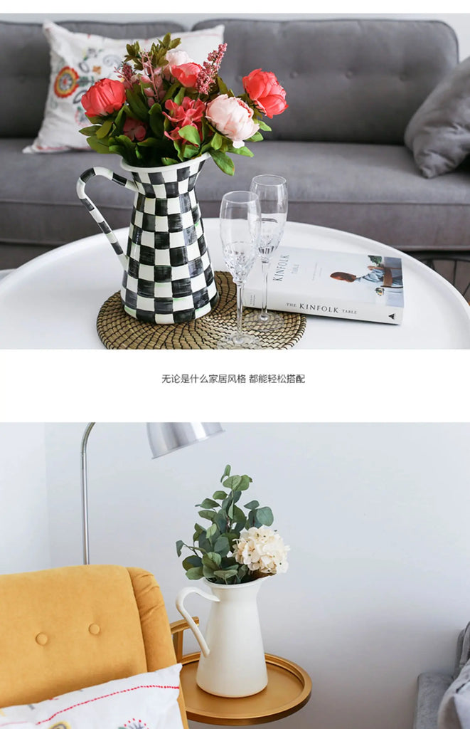 European Enamel Large Vase Home Metal Decoration Living Room Decoration Retro Black and White Grid Simple Artistic Vase