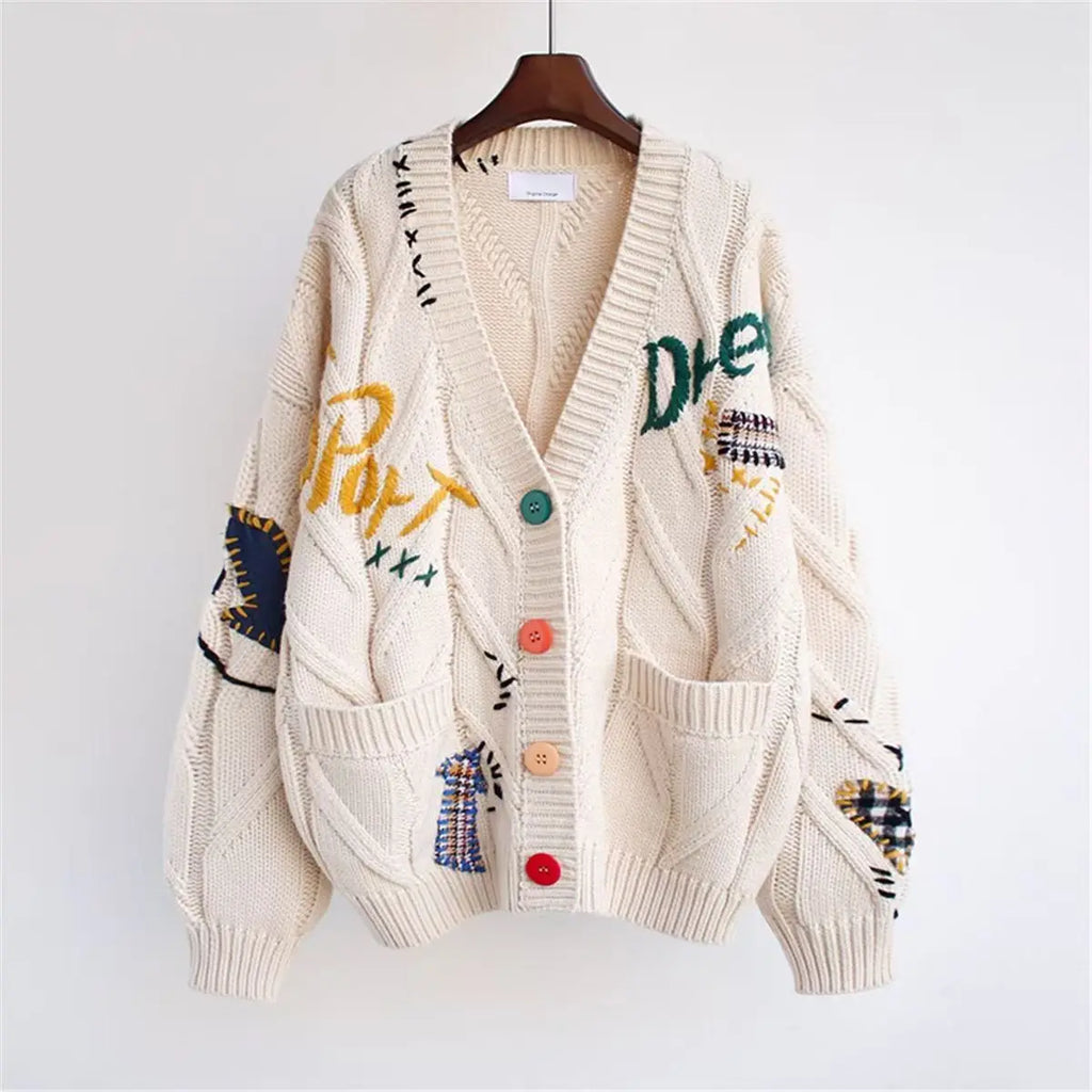 New Embroidery Knitted Cardigan Women's Sweater  Warm Long Sleeve Letter Print Packet Jumpers Autumn Winter Loose Sweaters