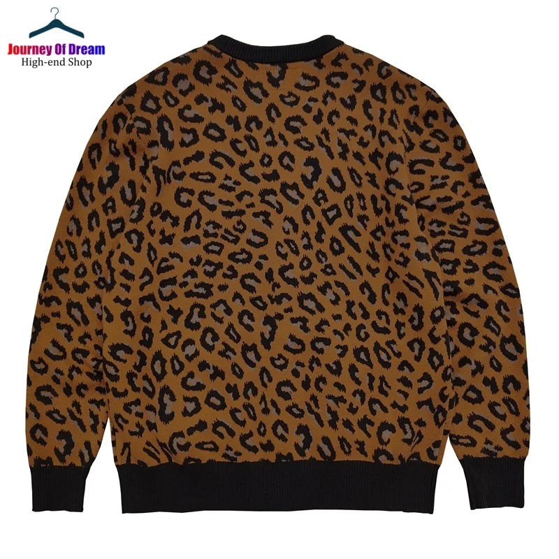 Trend High Street Leopard Print Cotton V-Neck Knit Cardigan Men's Women's Best Quality Casual Sweater