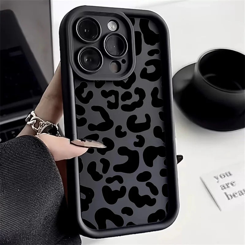 Black Leopard Print Pattern Silicone Phone Case For iPhone 11 12 13 14 15 16 Pro Max X XS XR 7 8 Plus SE 2 Shockproof Soft Cover