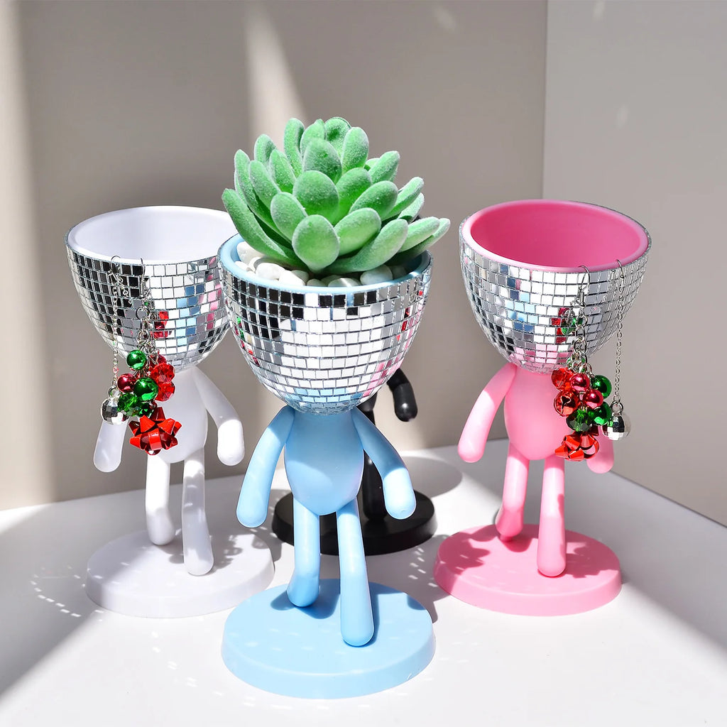 Disco Ball Flower Planter Creative Succulent Planter Pot Walking Man Figurine Flower Plants Vase Container Home Garden Decor