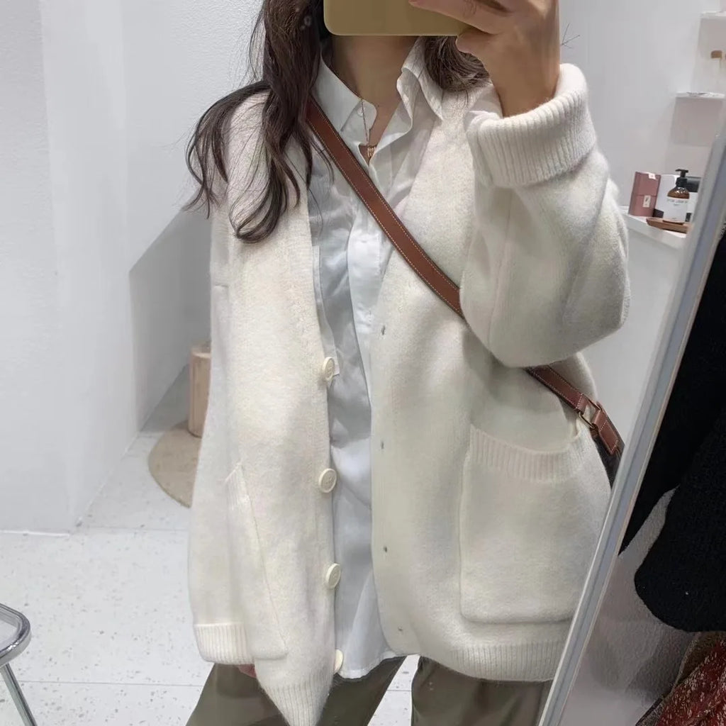 OHRYIYIE 2023 Autumn Winter New Knit Female Oversize Cardigan Women Loose Casual V Neck Knitted Sweater Coat Lady Solid Cardigan