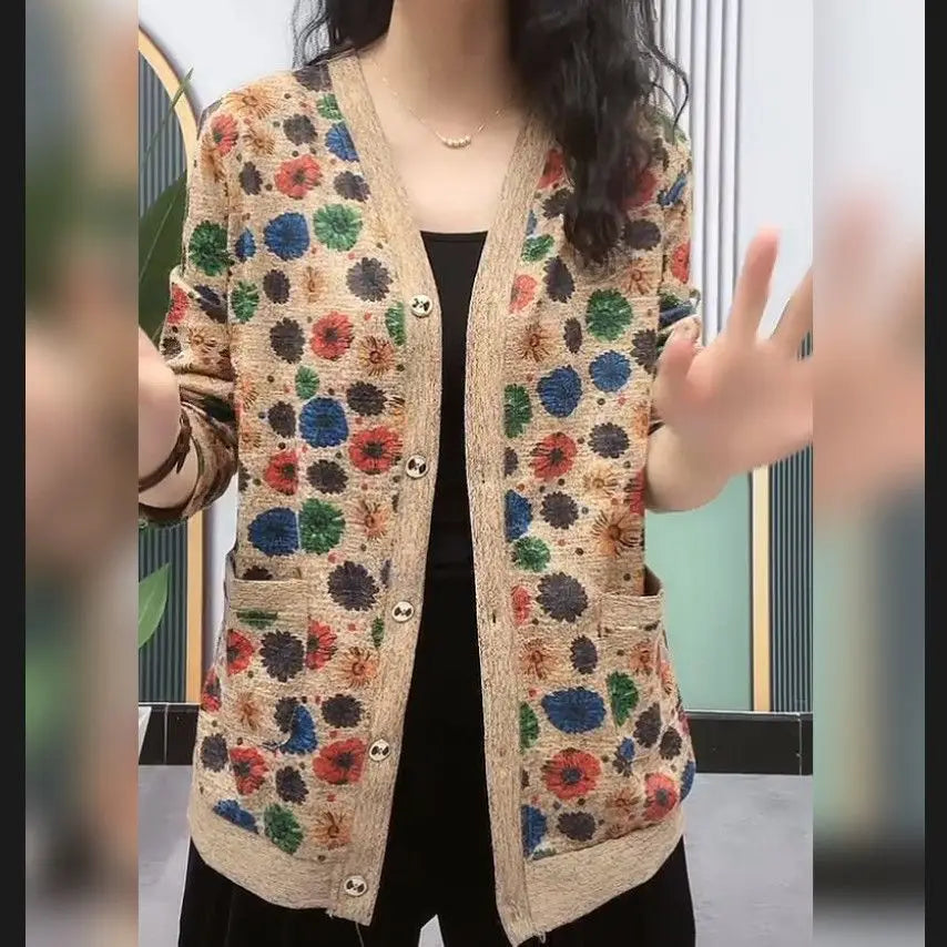 Autumn Winter Floral Printing Colorful Sweet Knitted Sweater Coat Thick Big Pockets Straight Single Breasted Cardigan Women Wild