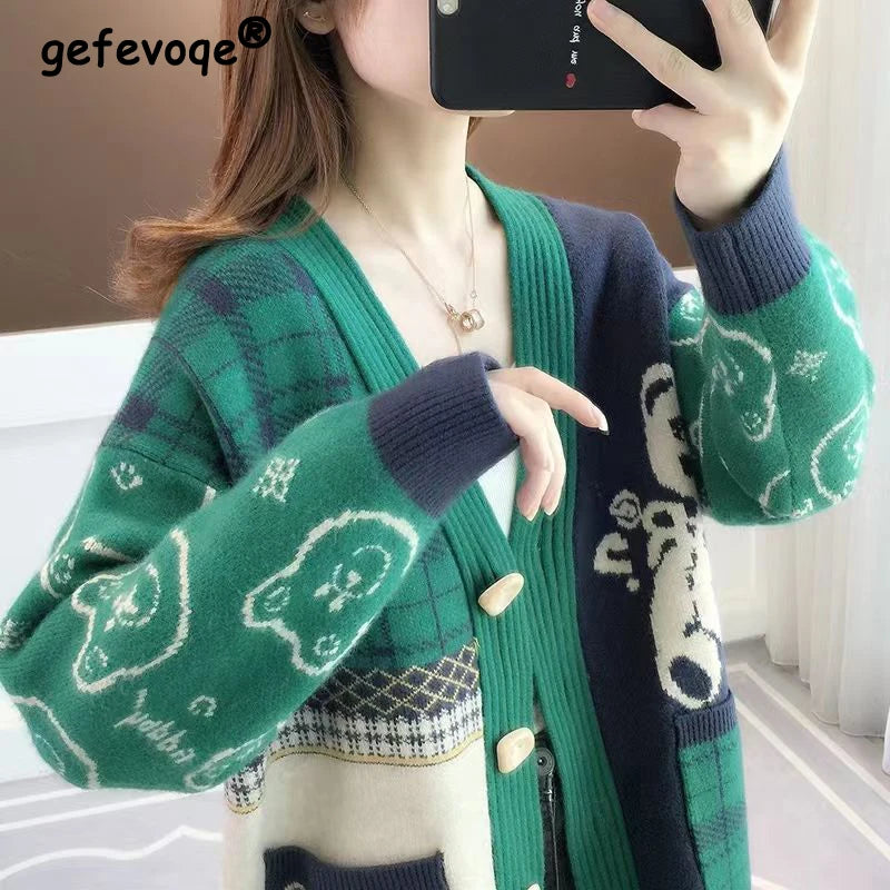 Student Kawaii Pattern Single Breasted Outerwear Knitted Sweater Women Fall Winter Casual Loose Long Sleeve Street Cardigan Coat