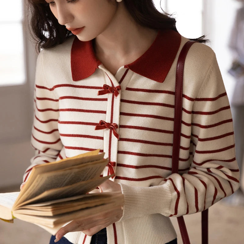 Sweet Cardigan Women Striped Bow Turn-down Collar Knitting Sweater Autumn Preppy Style Fashion Design Girls Outwear Casual Tops