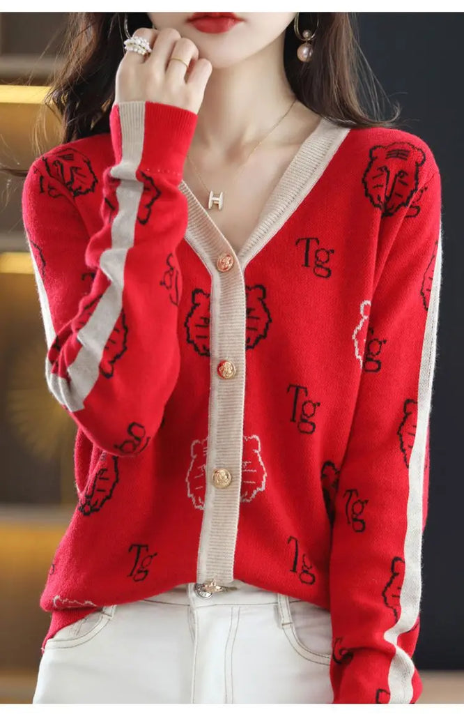 Fashion Printing Little Tiger Jacquard Weave Sweaters Women Loose Coat Cardigan Button All-match Korean Office Lady Top 2022