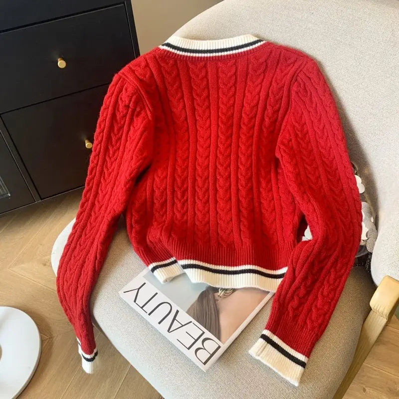 2024 Autumn Winter Preppy Style V-Neck Knitting Long Sleeve Cardigan Women Casual Appliques Single Breasted Female Loose Sweater