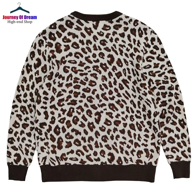 Trend High Street Leopard Print Cotton V-Neck Knit Cardigan Men's Women's Best Quality Casual Sweater