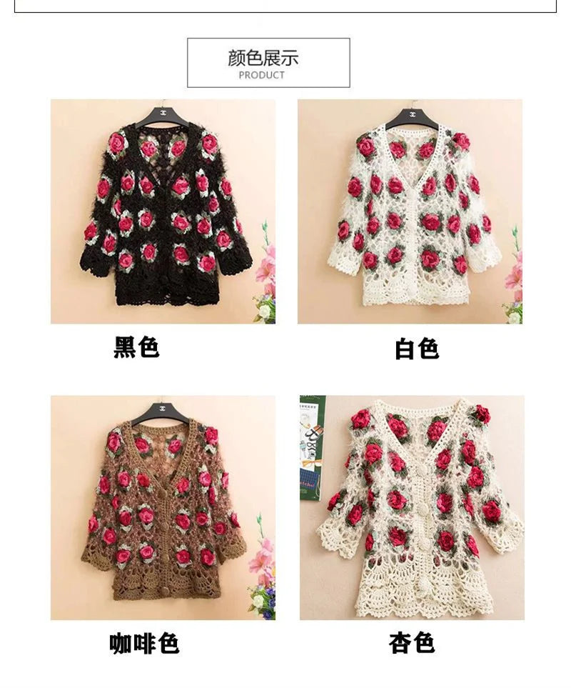 Three-Dimensional Flower Openwork Crocheted Sweater Cardigan Women's Spring And Autumn New Heavy Industry Joker Sweater 3XL Coat