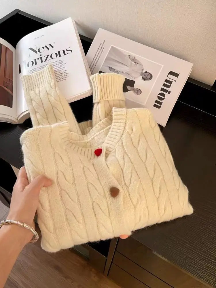 New Korean Style Western-style Sweet Color Love Button Versatile Soft Waxy Knitting Cardigan Fashion Fried Dough Twists Sweater