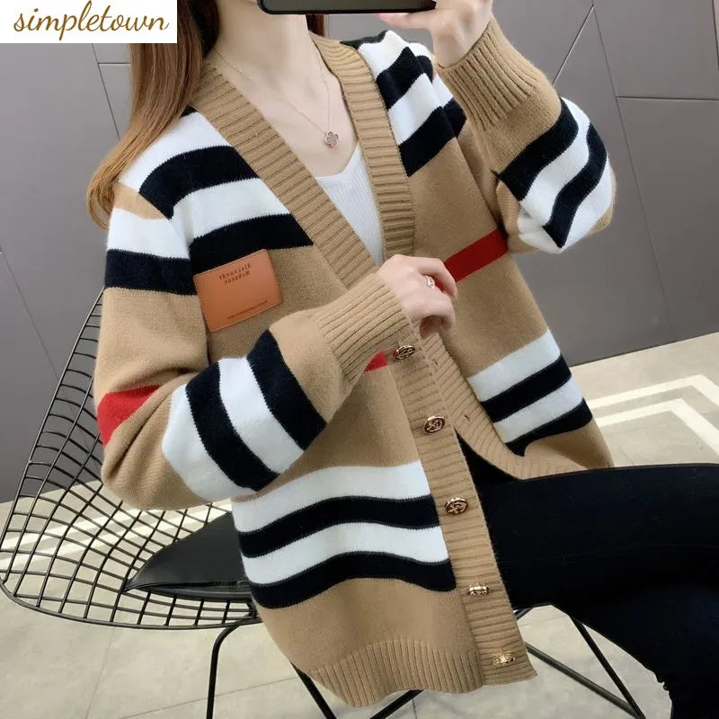 Striped Knitted Cardigan Jacket for Women's Spring and Autumn New Vintage Loose and Gentle Sweater Korean Version Lazy Style Jac