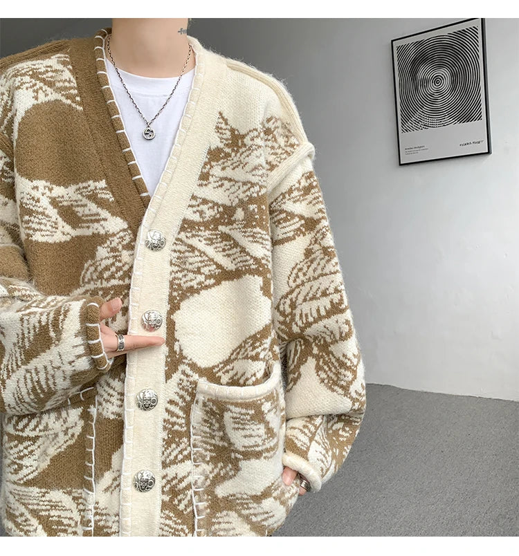 Men Fashion Printed Sweater Coat V Neck Knitted Cardigan Autumn Lazy Chic Elegant Sweater Men High Street Hip Hop Oversized 8XL