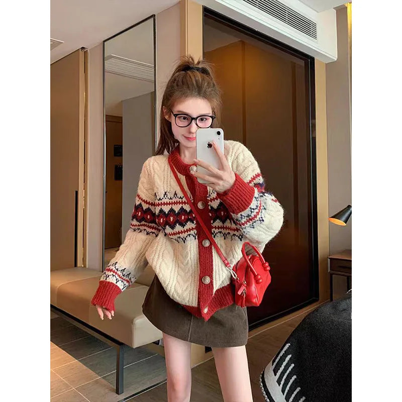 Women Fashion Striped Jacquard Thick Warm Soft Sweaters Autumn Winter New Vintage Loose O-neck Casual Red Knitted Cardigan