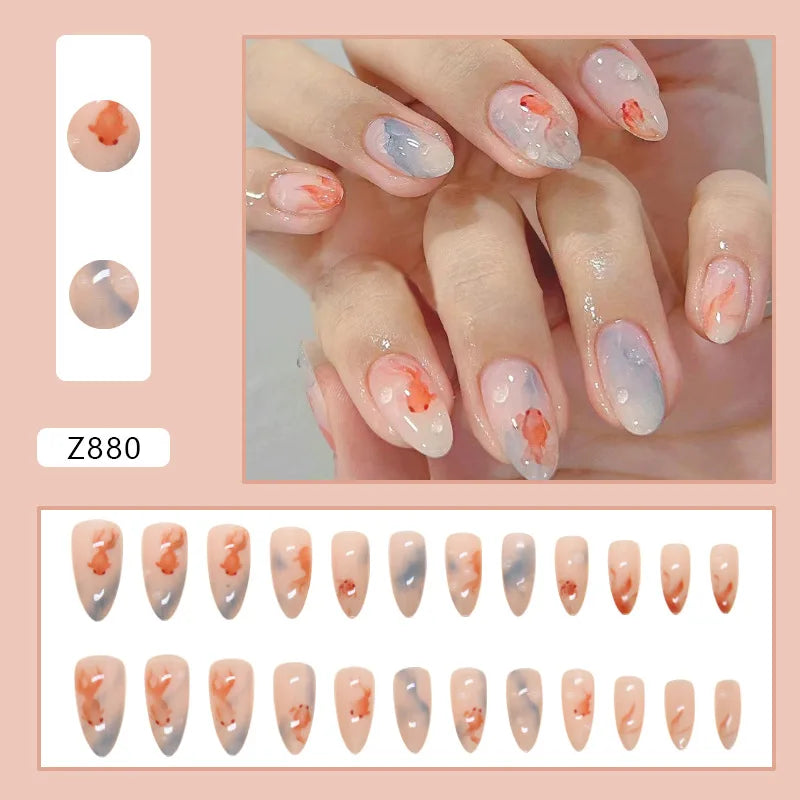 24pcs Ins Simple False Nails Goldfish Pattern Almond Fake Nail Wearable Detachable Simple Nude Pink Press On Nails Manicure Set