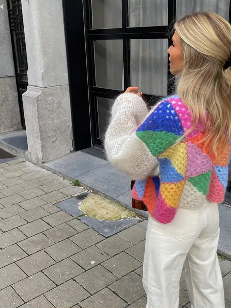 Sleeve Patchwork Female Sweaters 2023 Elegant Casual Lady Top Hollow Out Colorful Kint Cardigan Women Sweater Autumn Long Puff