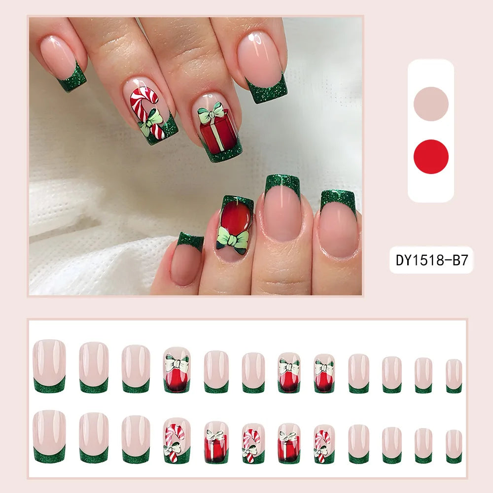 24pcs Christmas Holiday Themed Medium Square Fake Nails Pink Red & Green Glossy Press-On Nails Set Reusable Fake Nails for Women