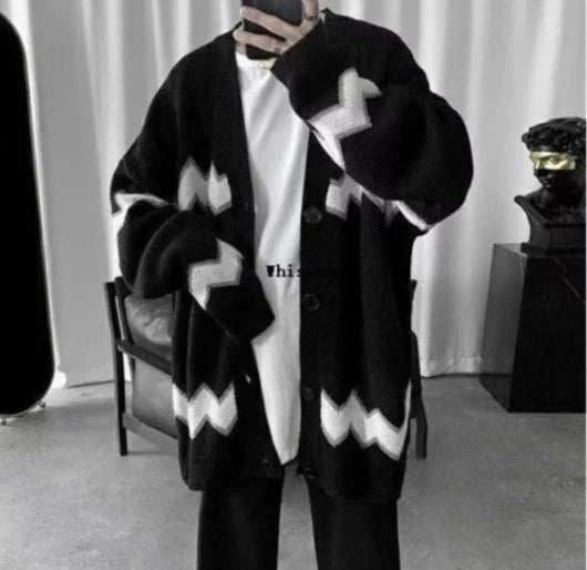 Knit Cardigan Man Black Sweater for Men Contrasting Colors Coats Loose Designer Top Korean Reviews Clothes Open Y2k Fit Casual