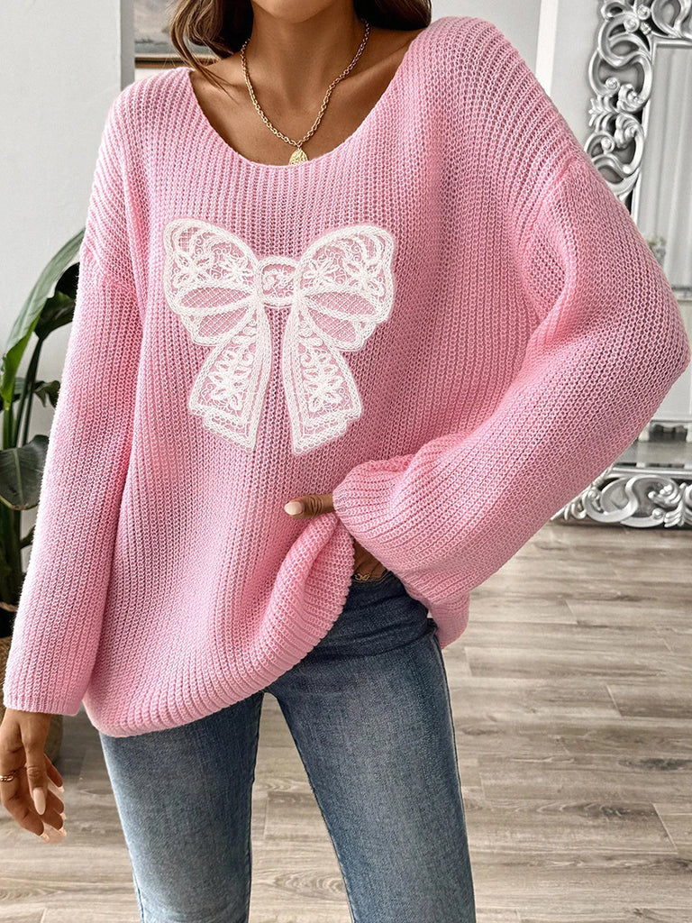 Women Autumn Knit Sweater Sweet Bowknot Patchwork Long Sleeve Crew Neck Pullover Tops Fall Winter Warm Casual Soft Cozy Knitwear