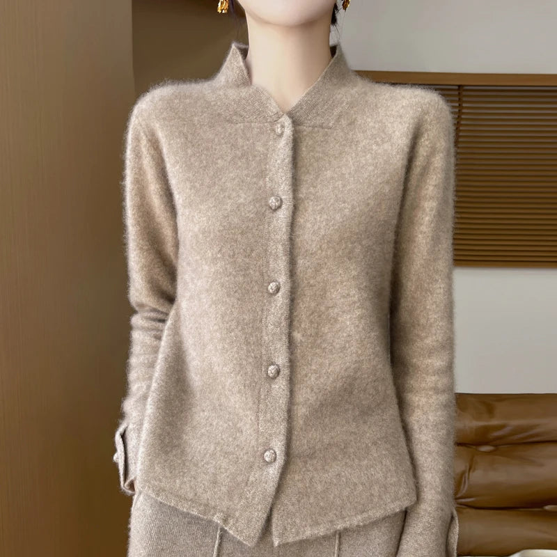 Women's Cardigan, Wool Knit Sweater, Stand Up Collar, Autumn Winter New Style, Long Sleeved Versatile, High-End Jacket, Slim Fit