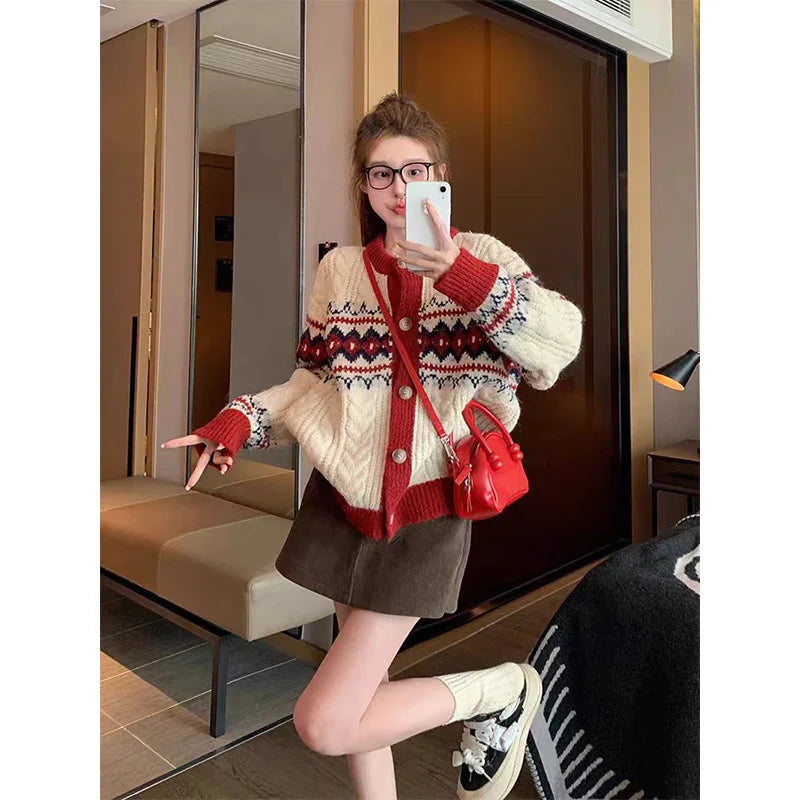 Women Fashion Striped Jacquard Thick Warm Soft Sweaters Autumn Winter New Vintage Loose O-neck Casual Red Knitted Cardigan