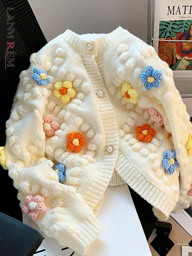 LANMREM 3D Flower Embroidery Knitted Cardigan Women's Long Sleeves Single Braested Contrast Color Sweater 2024 Autumn New 2Z2350