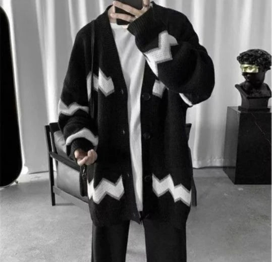 Knit Cardigan Man Black Sweater for Men Contrasting Colors Coats Loose Designer Top Korean Reviews Clothes Open Y2k Fit Casual