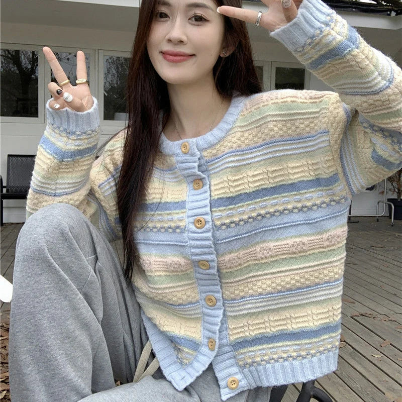 Rimocy Sweet Mixed Color Round Neck Cardiagns Women Korean Single Breasted Knitted Cardigan Woman Chic Long Sleeve Knitwear