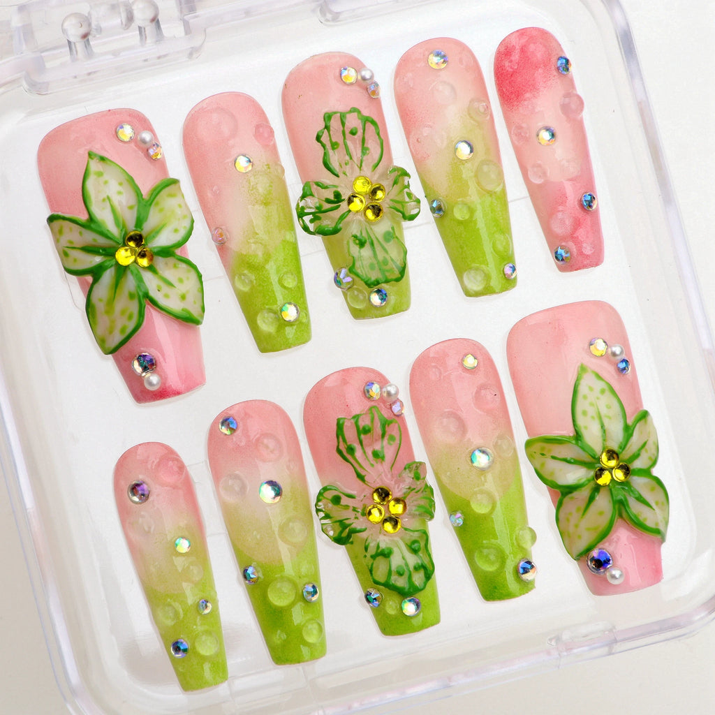 10Pcs Handmade Manicure Long Coffin Fake Nails Unique 3D New Flowers print Press On Nails Design with Adhesive Nail File Set