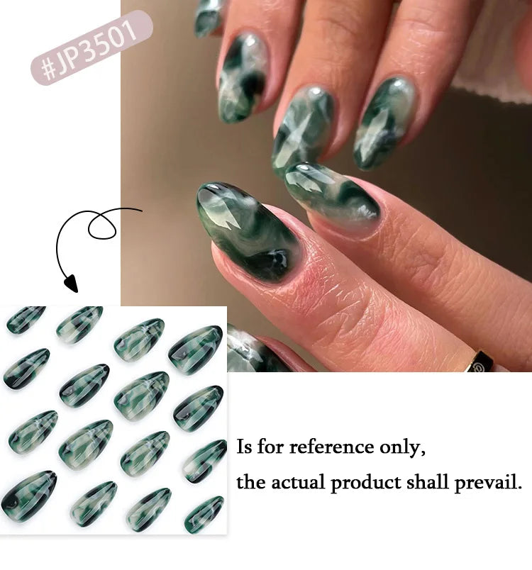 Dark Green Halo Dyeing Almond Nail Art Chinese Style False Nails Fashion Detachable Finished Fake Nails Press on Nails with Glue